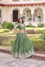 Thumbnail for Prazu Fashion Mahendi Gold Crush With Sequins & Zari Embroidered Work Lehenga Choli - Distacart