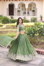 Thumbnail for Prazu Fashion Mahendi Gold Crush With Sequins & Zari Embroidered Work Lehenga Choli - Distacart