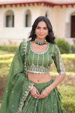 Thumbnail for Prazu Fashion Mahendi Gold Crush With Sequins & Zari Embroidered Work Lehenga Choli - Distacart