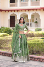 Thumbnail for Prazu Fashion Mahendi Gold Crush With Sequins & Zari Embroidered Work Lehenga Choli - Distacart