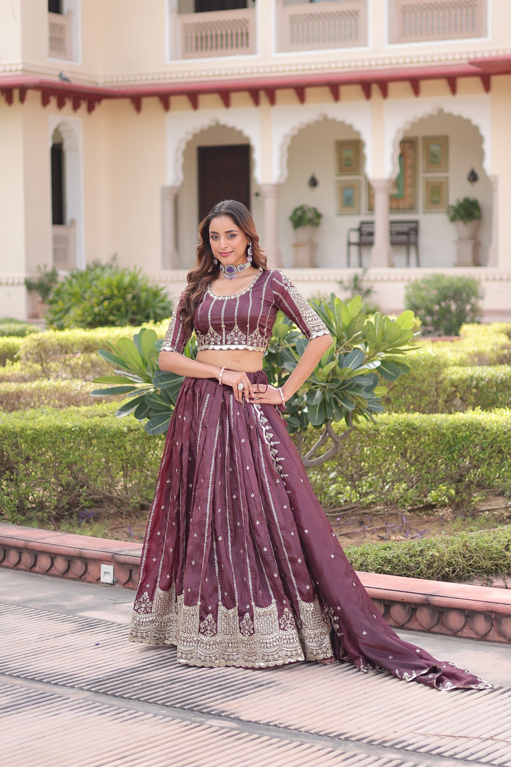 Prazu Fashion Wine Gold Crush With Sequins & Zari Embroidered Work Lehenga Choli