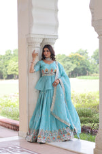 Thumbnail for Prazu Fashion Sky Blue Gold Crush With Multi Thread Embroidery Lehenga Choli - Distacart