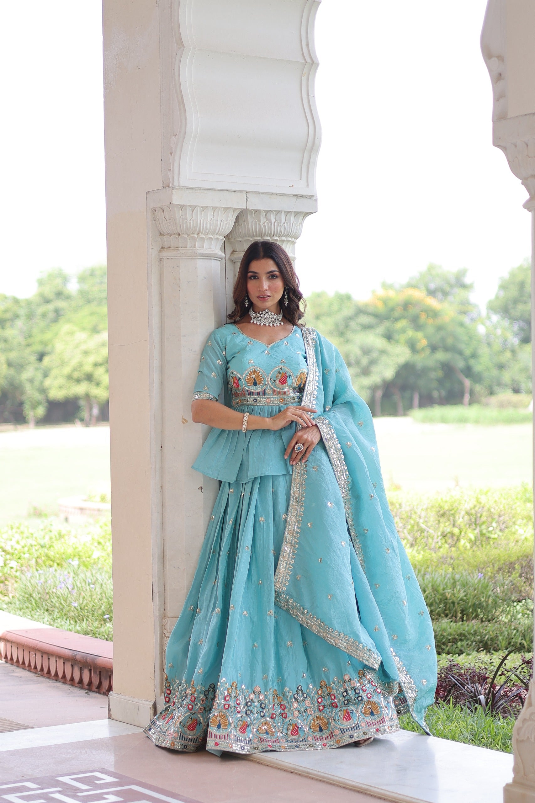 Prazu Fashion Sky Blue Gold Crush With Multi Thread Embroidery Lehenga Choli