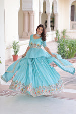Thumbnail for Prazu Fashion Sky Blue Gold Crush With Multi Thread Embroidery Lehenga Choli - Distacart