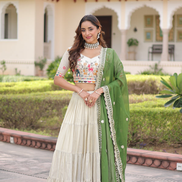 Prazu Fashion Off White Cosmos Silk With Standard Frill Stitching Embroidered Lehenga Choli - Distacart