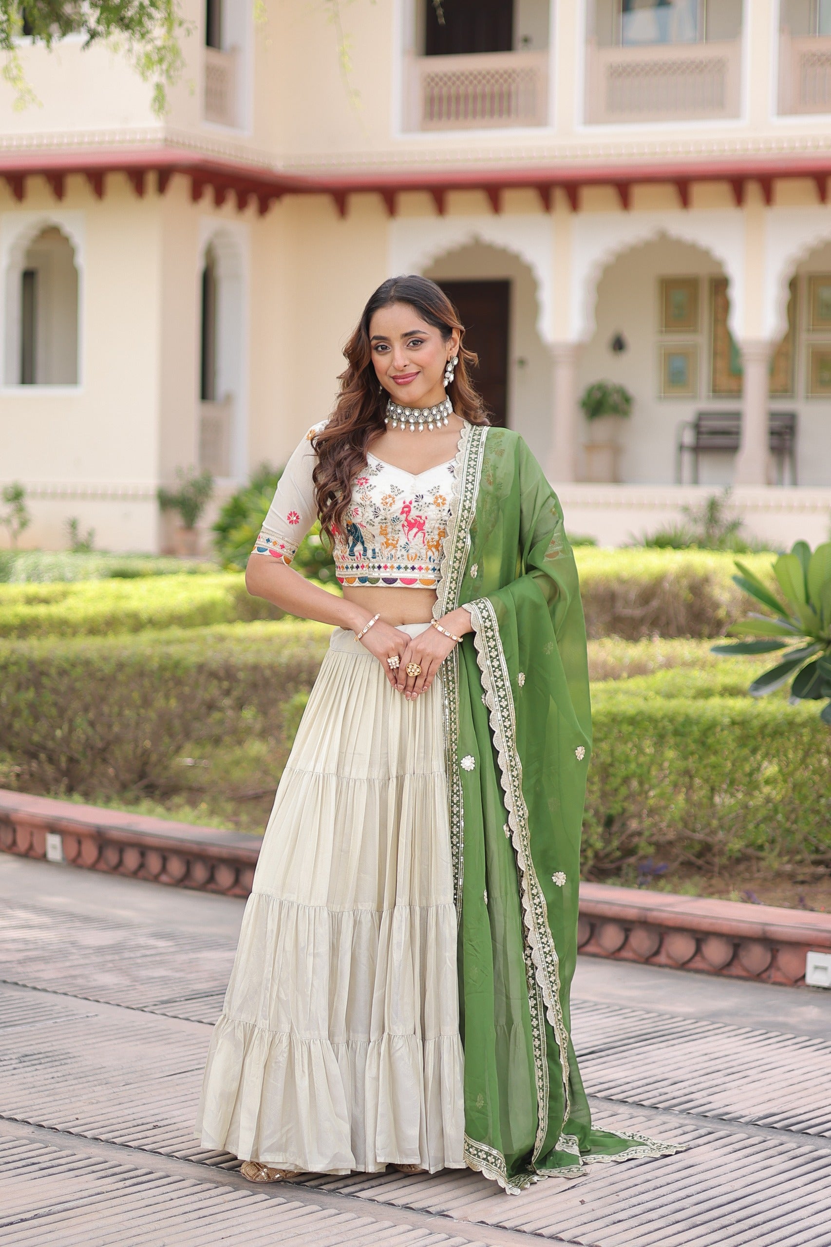 Prazu Fashion Off White Cosmos Silk With Standard Frill Stitching Embroidered Lehenga Choli