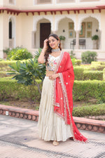 Thumbnail for Prazu Fashion Off White Cosmos Silk With Standard Frill Stitching Embroidered Lehenga Choli - Distacart
