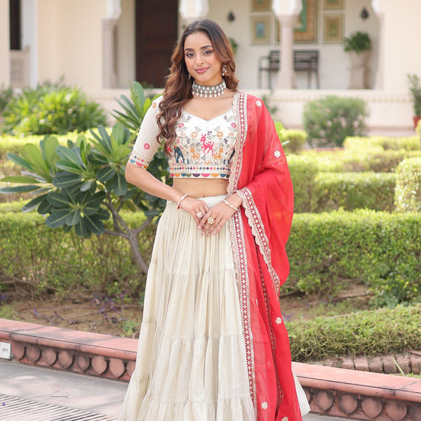 Prazu Fashion Off White Cosmos Silk With Standard Frill Stitching Embroidered Lehenga Choli - Distacart