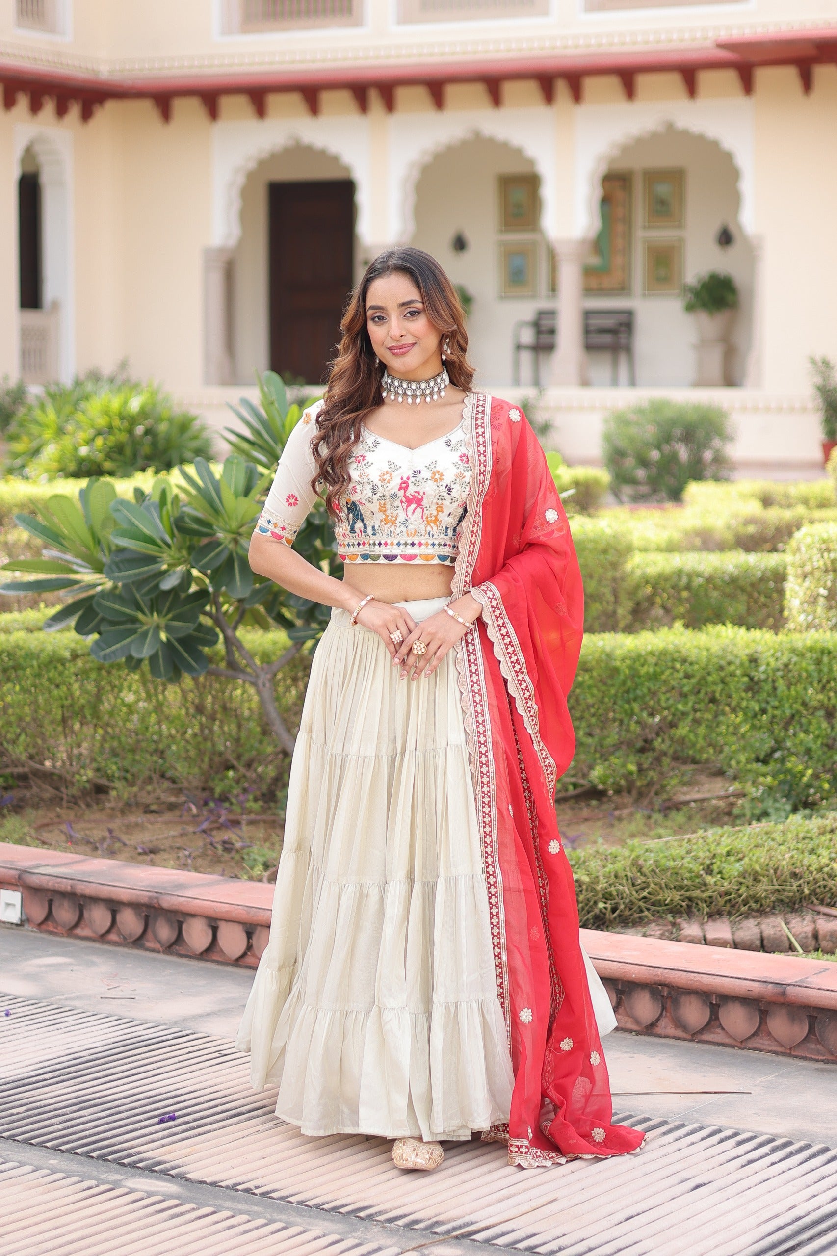 Prazu Fashion Off White Cosmos Silk With Standard Frill Stitching Embroidered Lehenga Choli