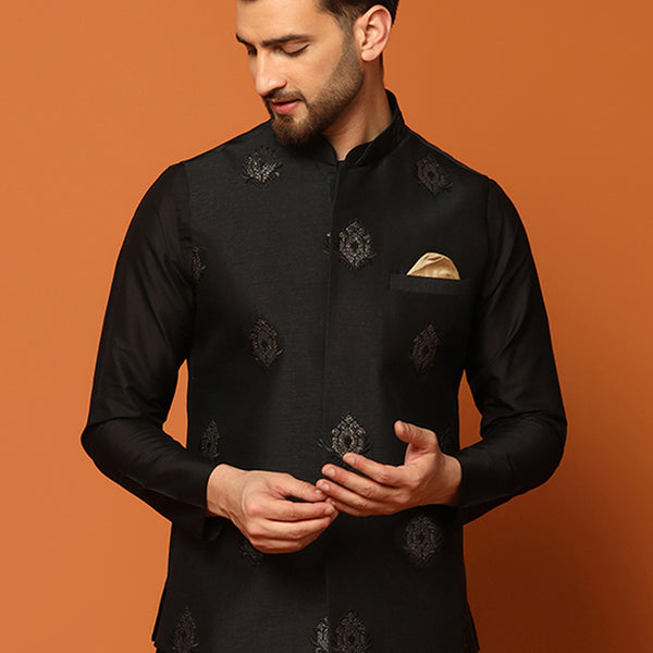 Kisah Men Black Embroidered Nehru Jacket - Distacart