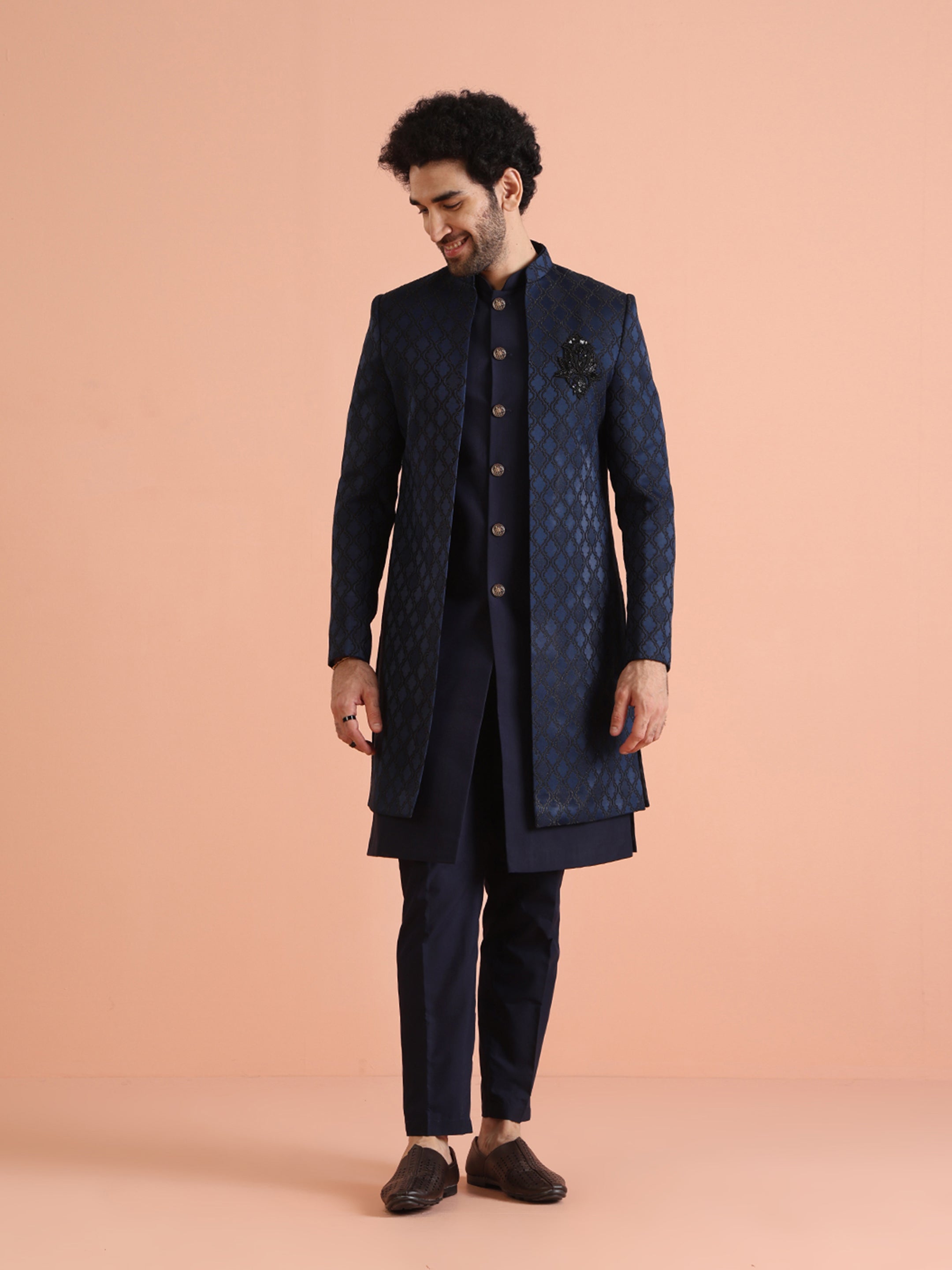 Kisah Men's Navy Blue Ethnic Motifs Long Jacket with Indo-Western Trouser Set - Distacart