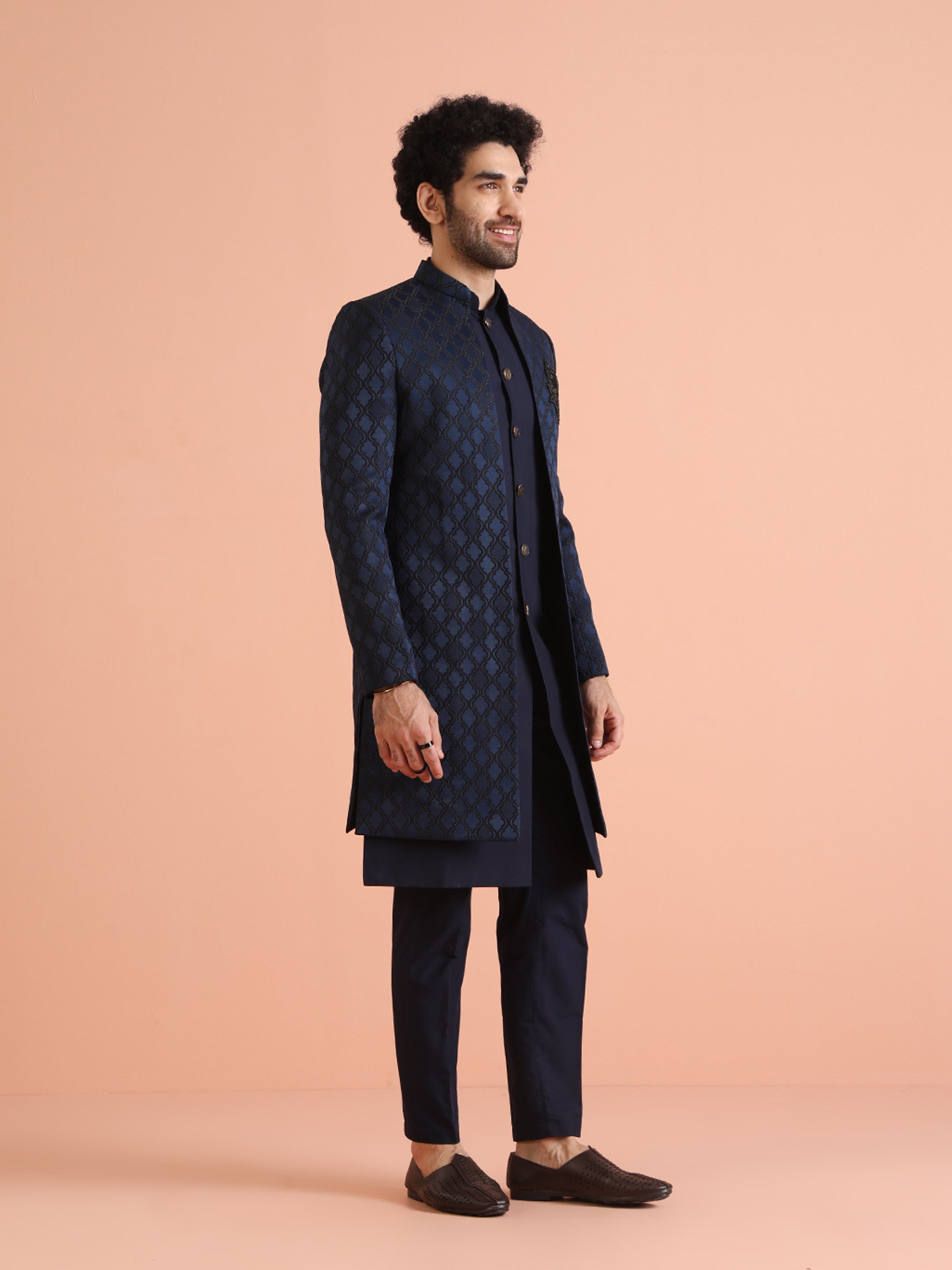 Kisah Men's Navy Blue Ethnic Motifs Long Jacket with Indo-Western Trouser Set - Distacart