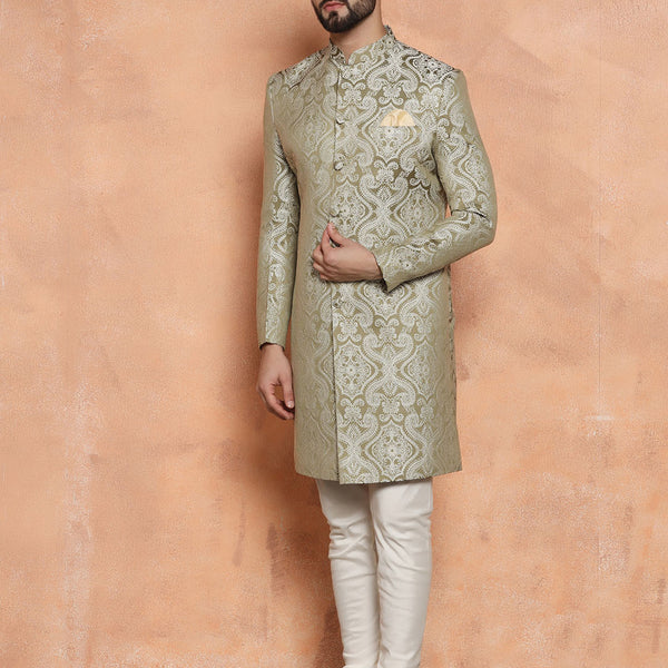 Kisah Men Olive Green Embroidered Indowestern Churidar Set - Distacart