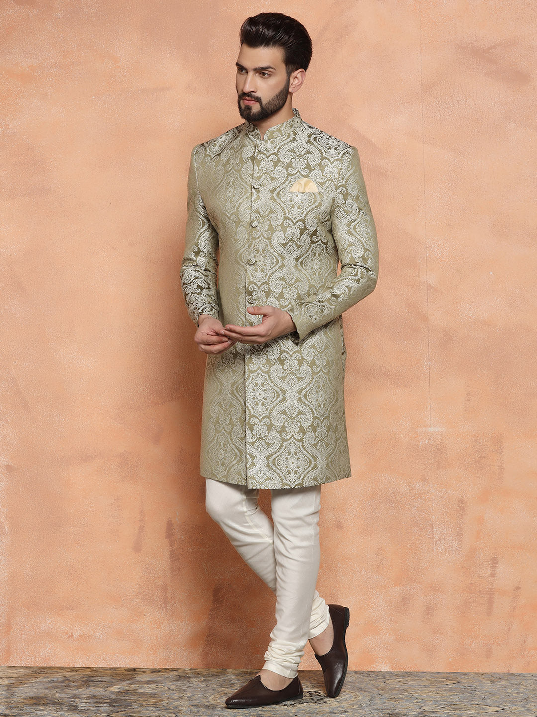 Kisah Men Olive Green Embroidered Indowestern Churidar Set - Distacart