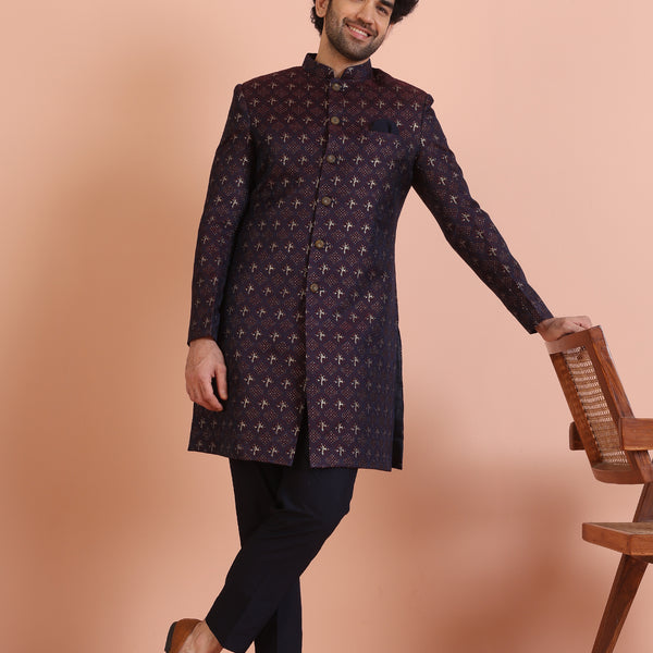 Kisah Men Purple & Wine Textured Indowestern Trouser Set - Distacart