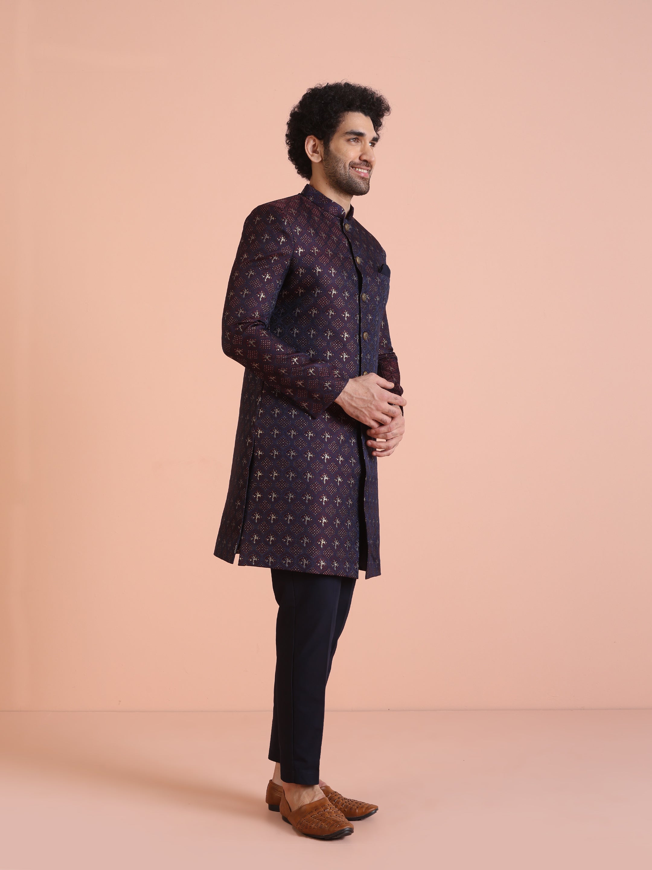 Kisah Men Purple & Wine Textured Indowestern Trouser Set - Distacart