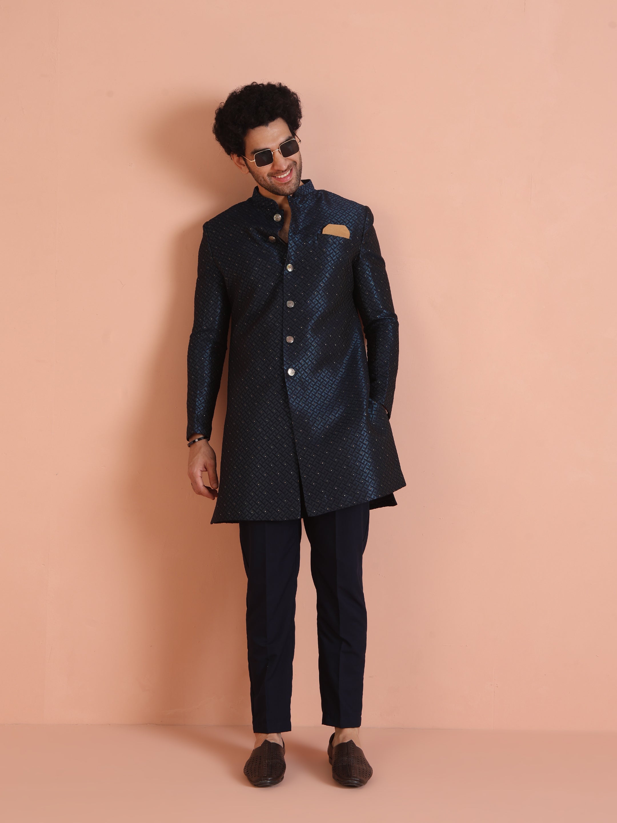 Kisah Men Navy Blue Embellished Indowestern Trouser Set - Distacart