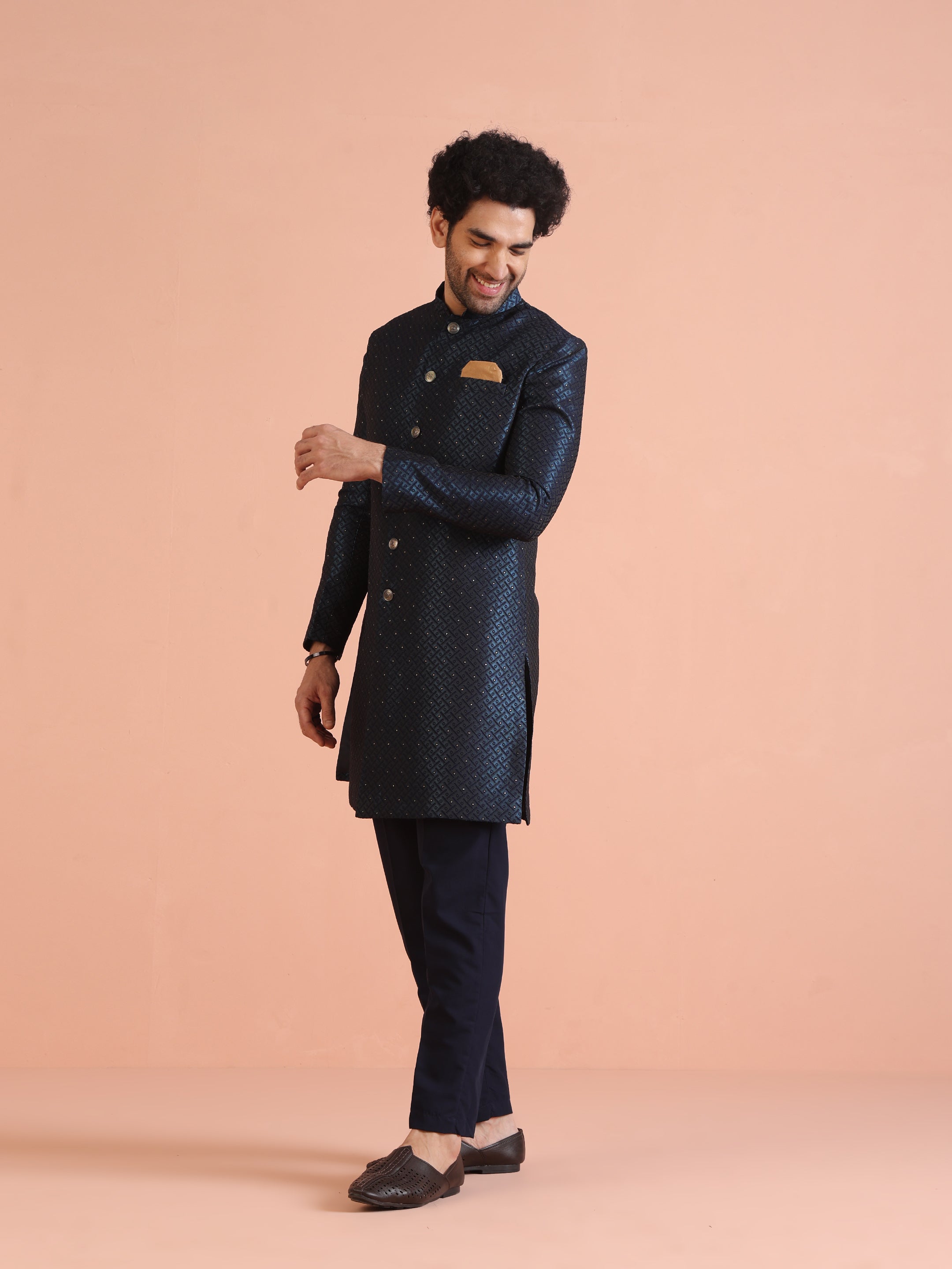 Kisah Men Navy Blue Embellished Indowestern Trouser Set - Distacart