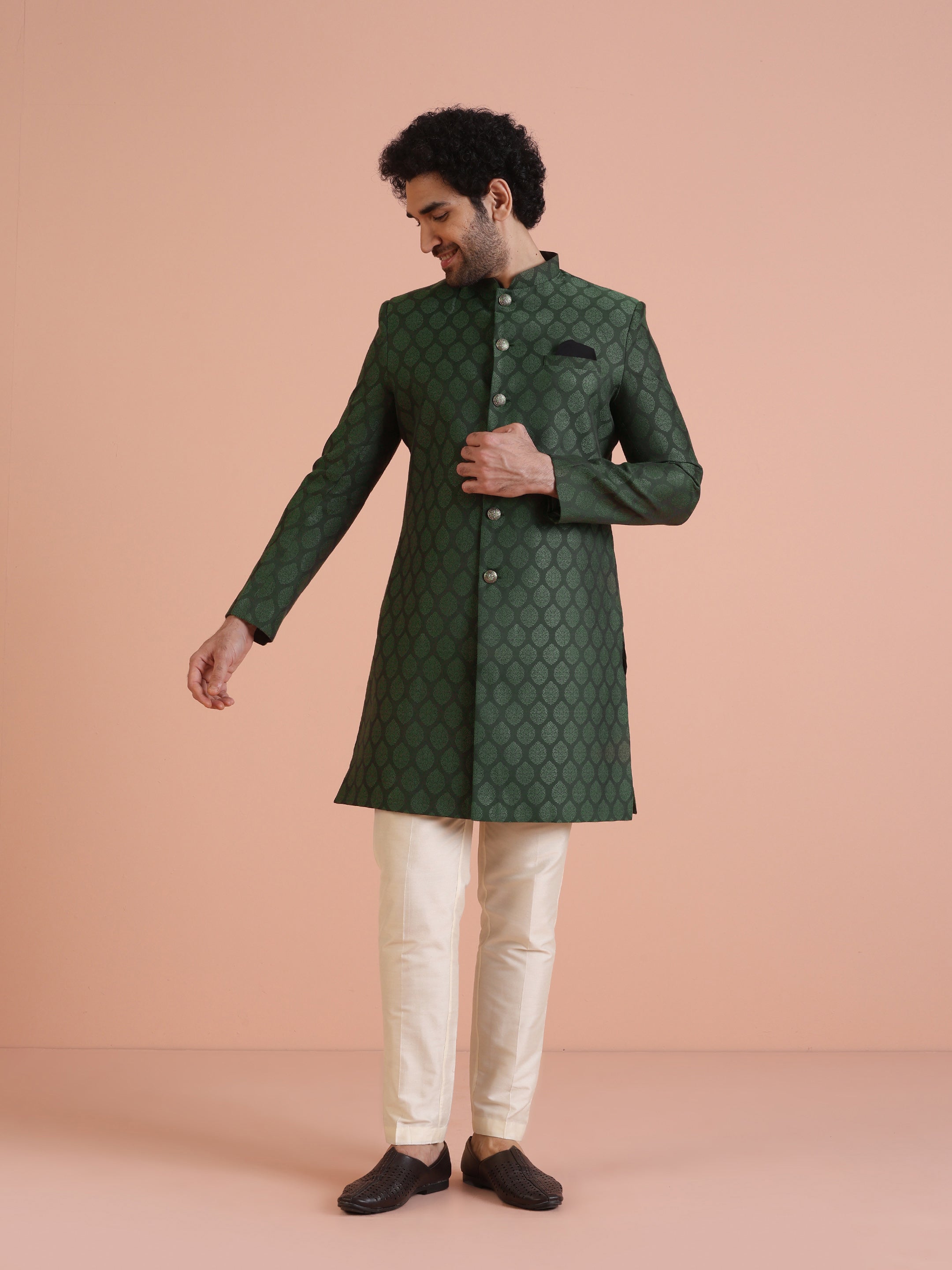 Kisah Men Green Textured Indowestern Trouser Set - Distacart