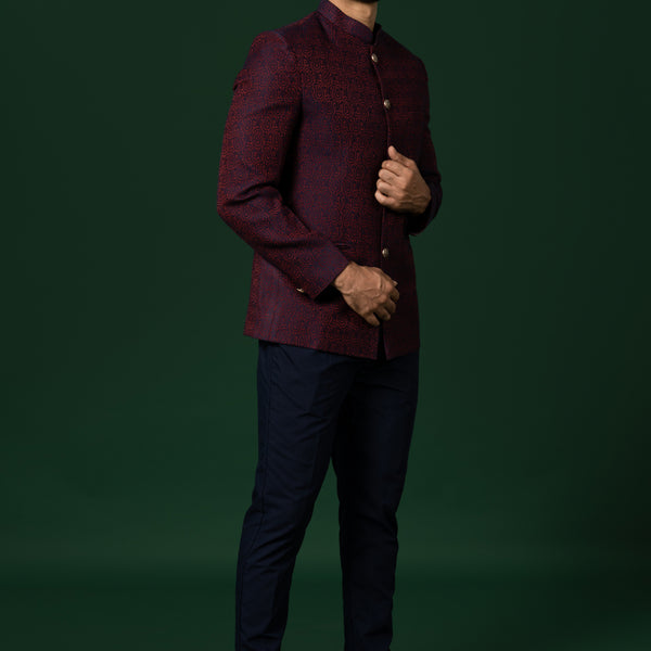 Kisah Men Maroon Self Design Floral Bandhgala - Distacart