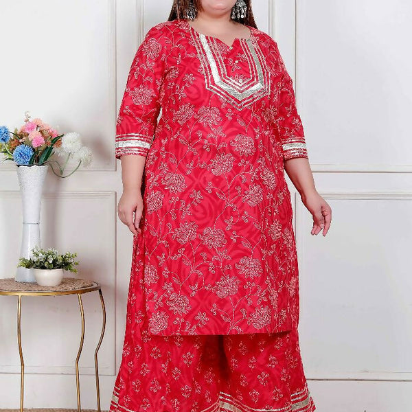 Miravan Plus Size Women'S Red Cotton Gota Work Kurta With Palazzo - Distacart