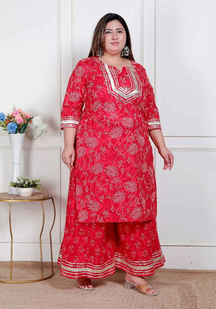 Miravan Plus Size Women'S Red Cotton Gota Work Kurta With Palazzo