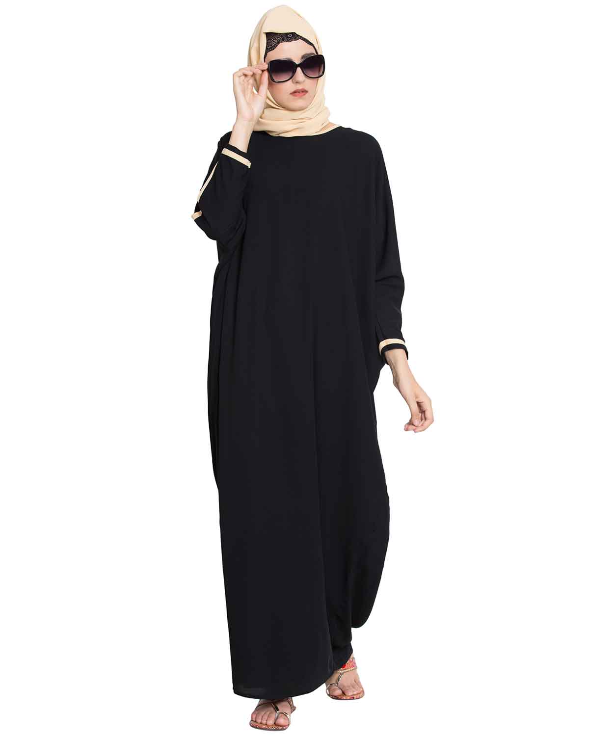 Bashariya Elegant Kaftan Abaya In Free Size With Contrast Detailings-Black