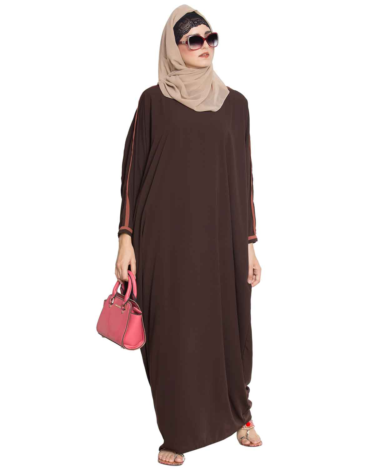 Bashariya Elegant Kaftan Abaya In Free Size With Contrast Detailings-Brown