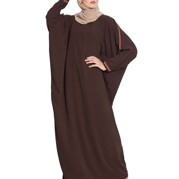 Bashariya Elegant Kaftan Abaya In Free Size With Contrast Detailings-Brown