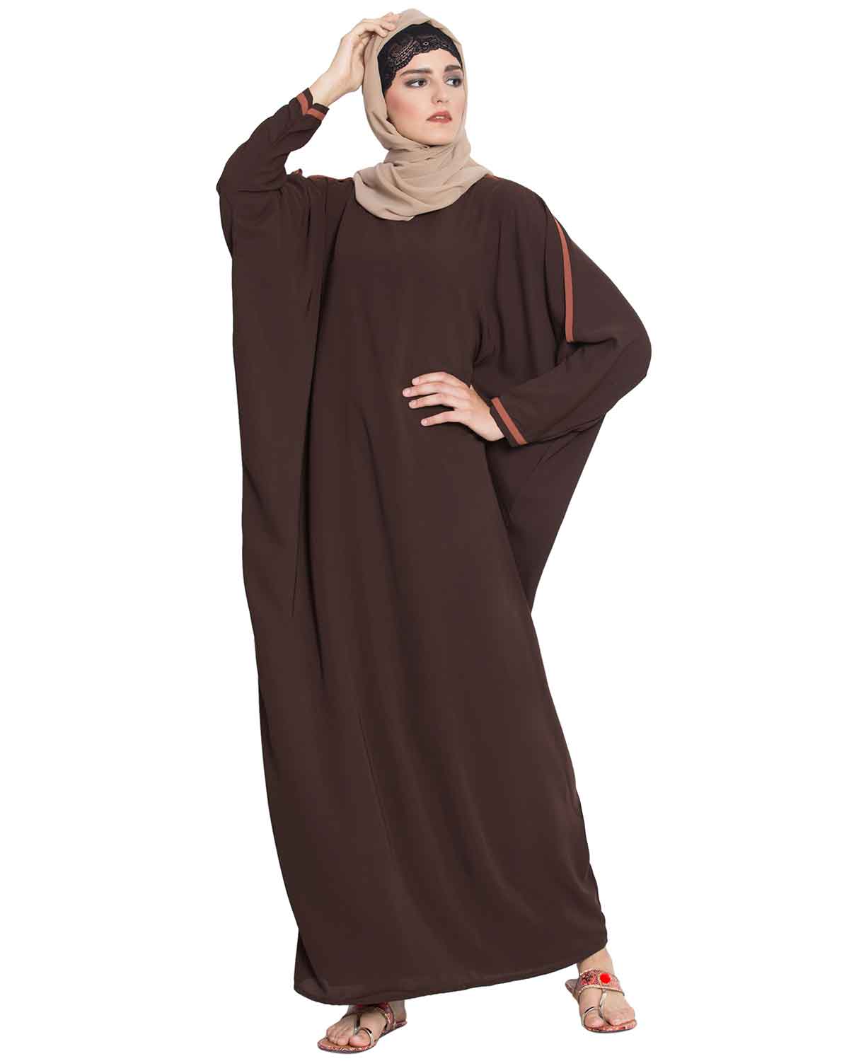Bashariya Elegant Kaftan Abaya In Free Size With Contrast Detailings-Brown - Distacart