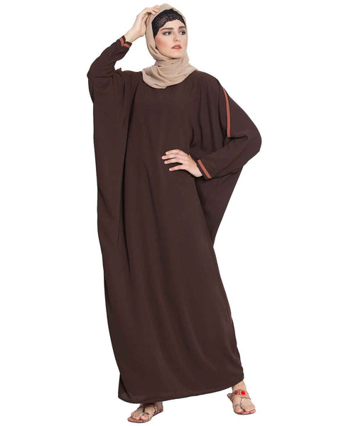 Bashariya Elegant Kaftan Abaya In Free Size With Contrast Detailings-Brown