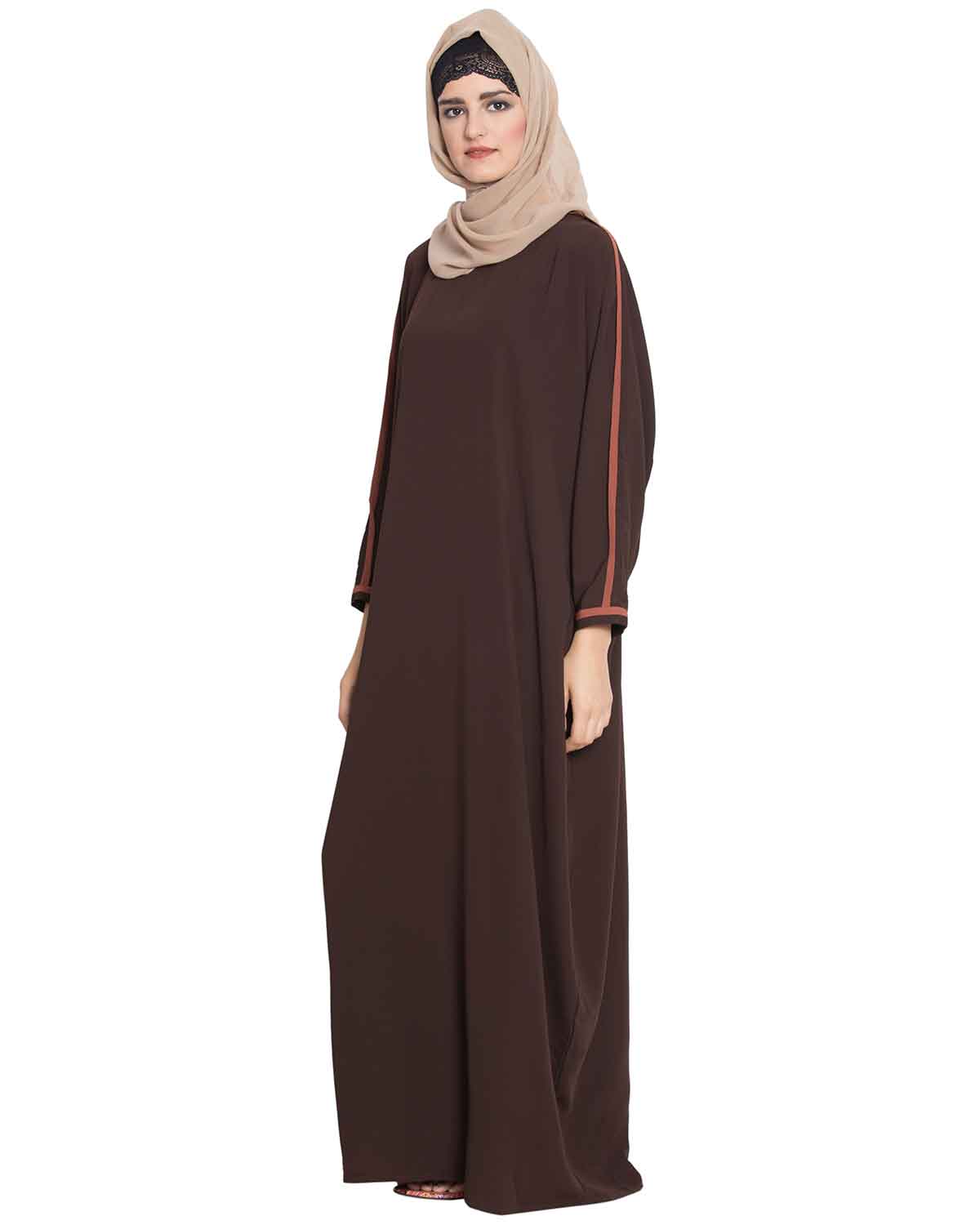 Bashariya Elegant Kaftan Abaya In Free Size With Contrast Detailings-Brown