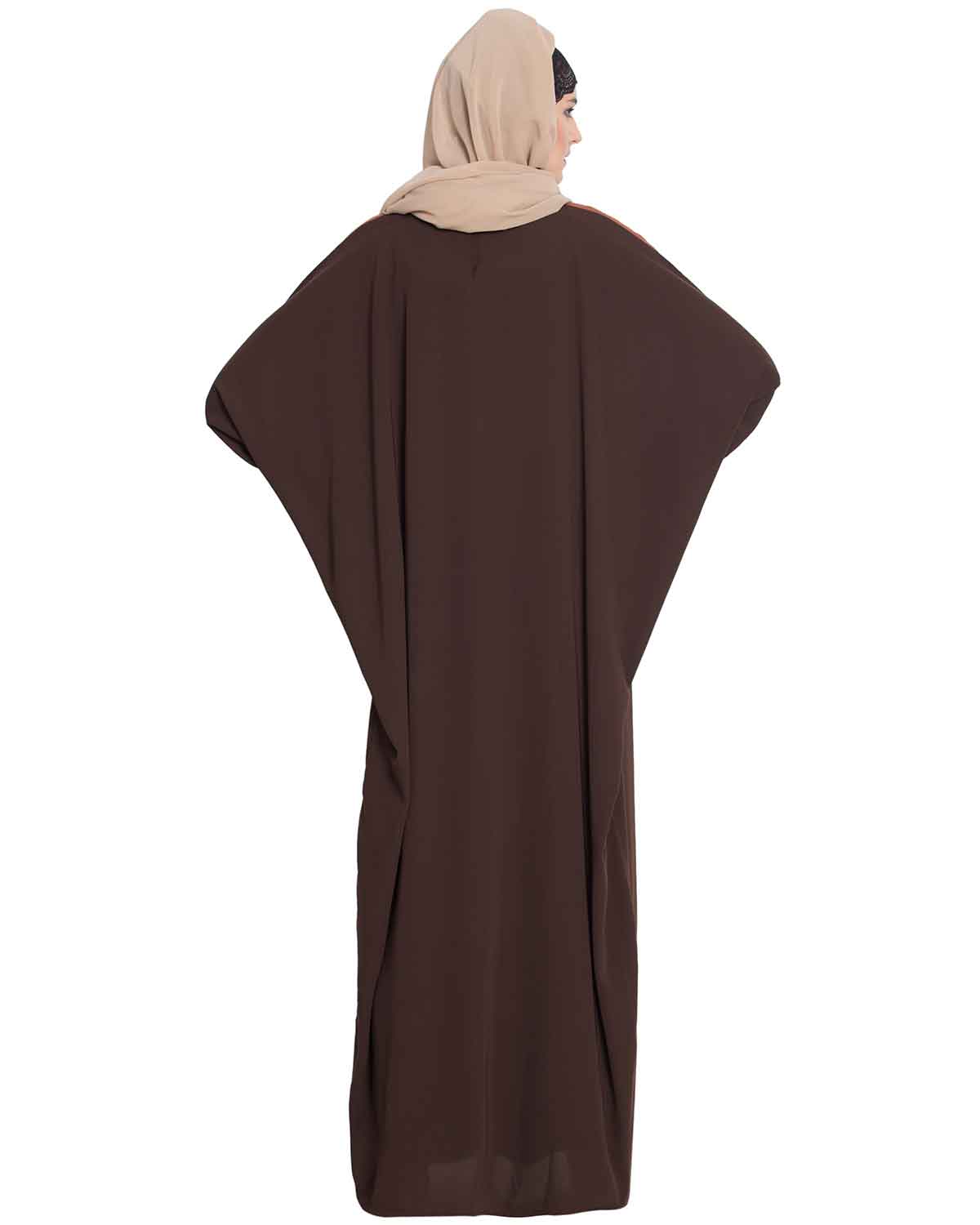 Bashariya Elegant Kaftan Abaya In Free Size With Contrast Detailings-Brown