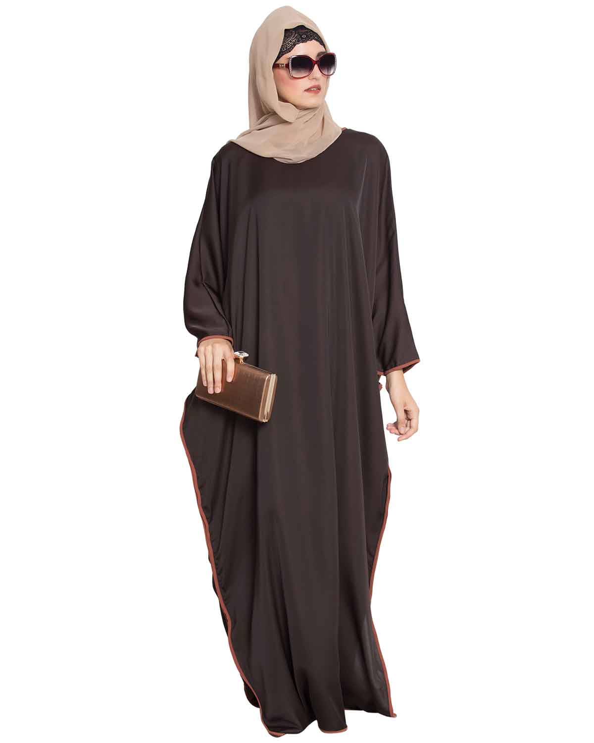 Bashariya Elegant Kaftan Abaya In Free Size With Contrast Detailings-Brown Rust
