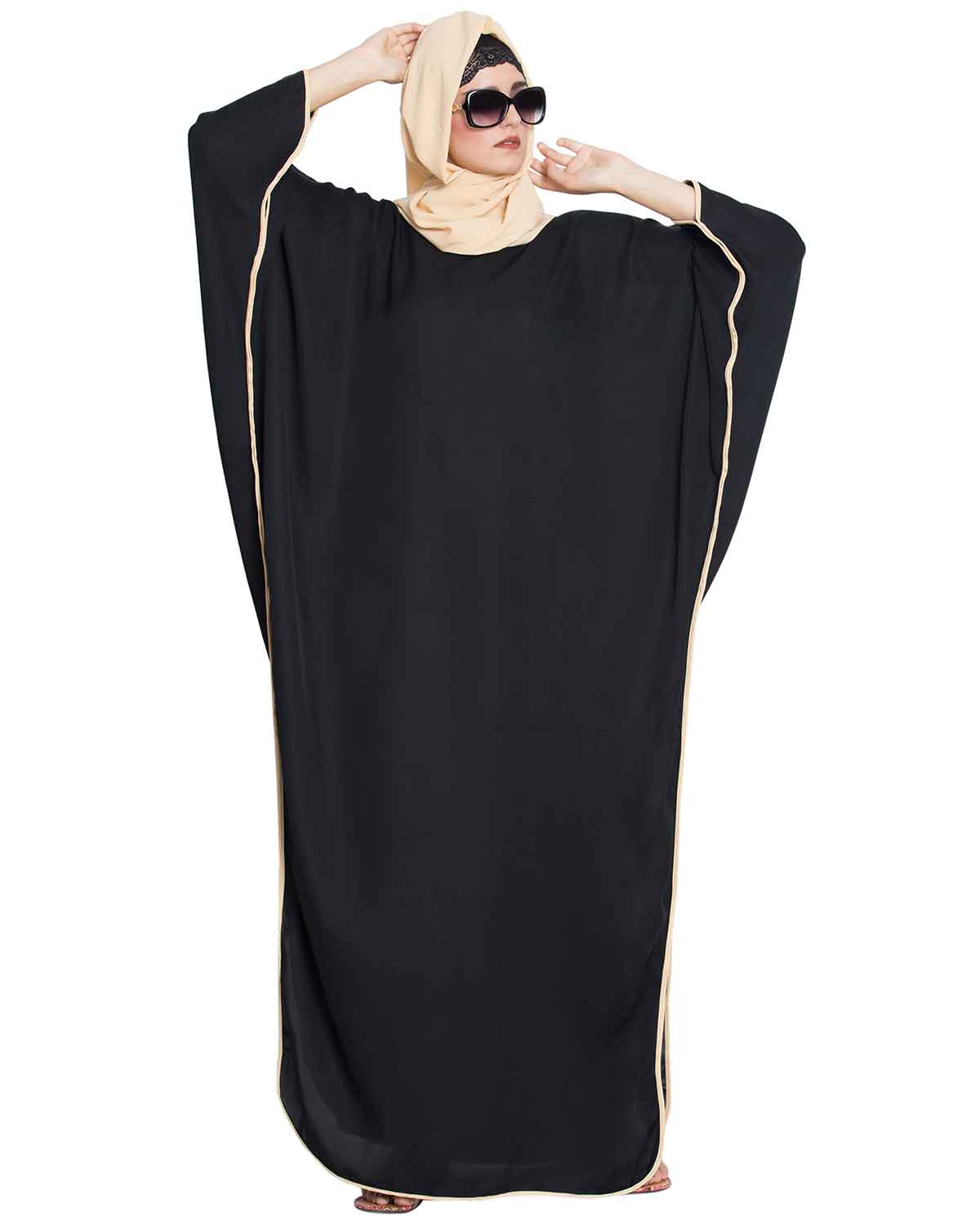Bashariya Elegant Kaftan Abaya In Free Size With Contrast Detailings-Black Fawn