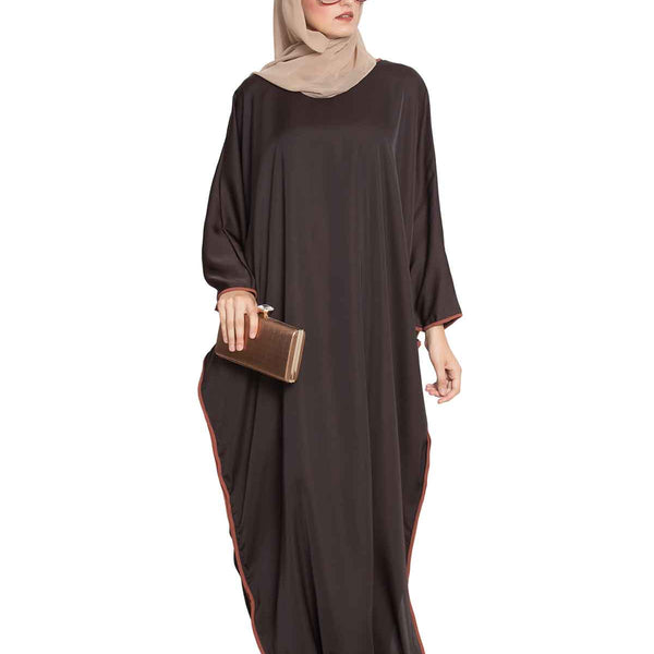 Bashariya Elegant Kaftan Abaya In Free Size With Contrast Detailings-Brown Rust