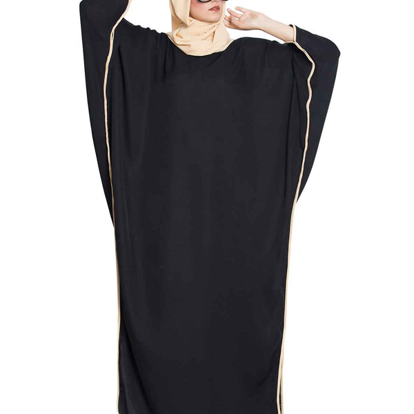 Bashariya Elegant Kaftan Abaya In Free Size With Contrast Detailings-Black Fawn