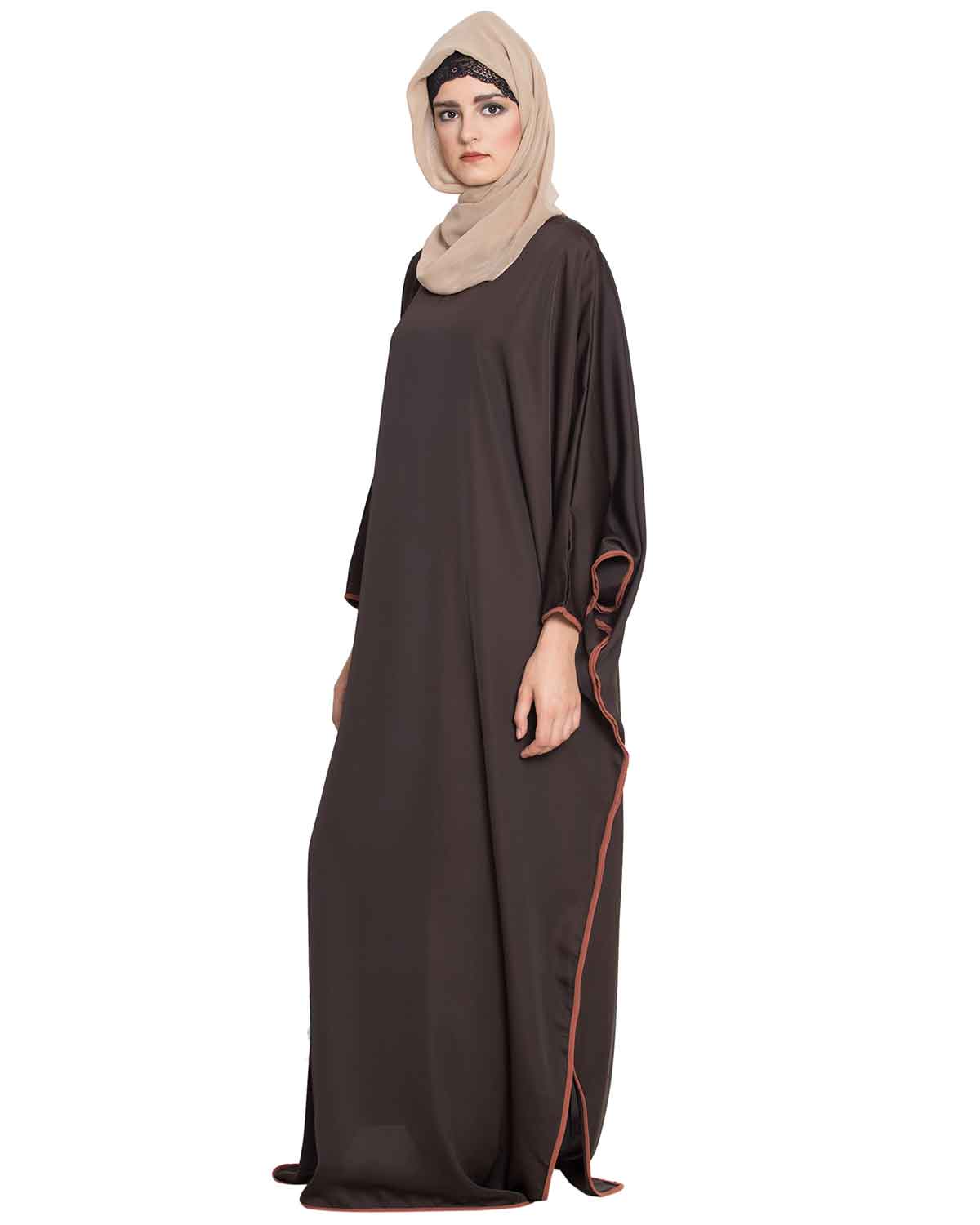 Bashariya Elegant Kaftan Abaya In Free Size With Contrast Detailings-Brown Rust