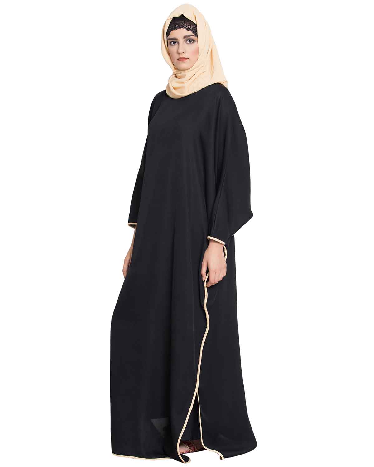 Bashariya Elegant Kaftan Abaya In Free Size With Contrast Detailings-Black Fawn
