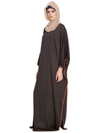 Thumbnail for Bashariya Elegant Kaftan Abaya In Free Size With Contrast Detailings-Brown Rust