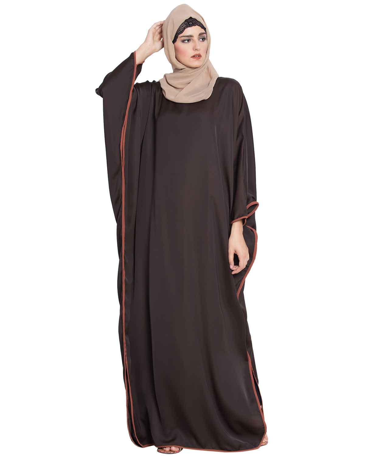 Bashariya Elegant Kaftan Abaya In Free Size With Contrast Detailings-Brown Rust