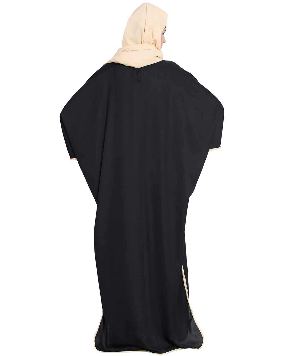 Bashariya Elegant Kaftan Abaya In Free Size With Contrast Detailings-Black Fawn
