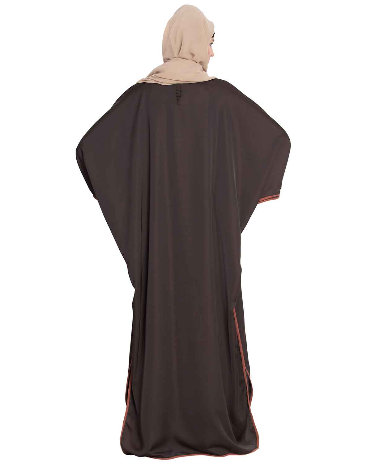 Bashariya Elegant Kaftan Abaya In Free Size With Contrast Detailings-Brown Rust