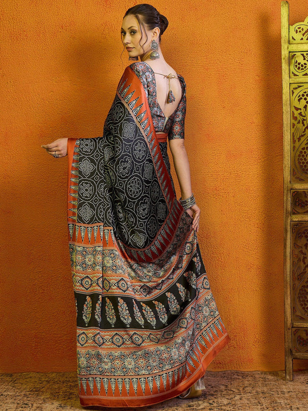 NOZ2TOZ Women's Satin Brown Printed Designer Saree With Blouse Piece - Distacart