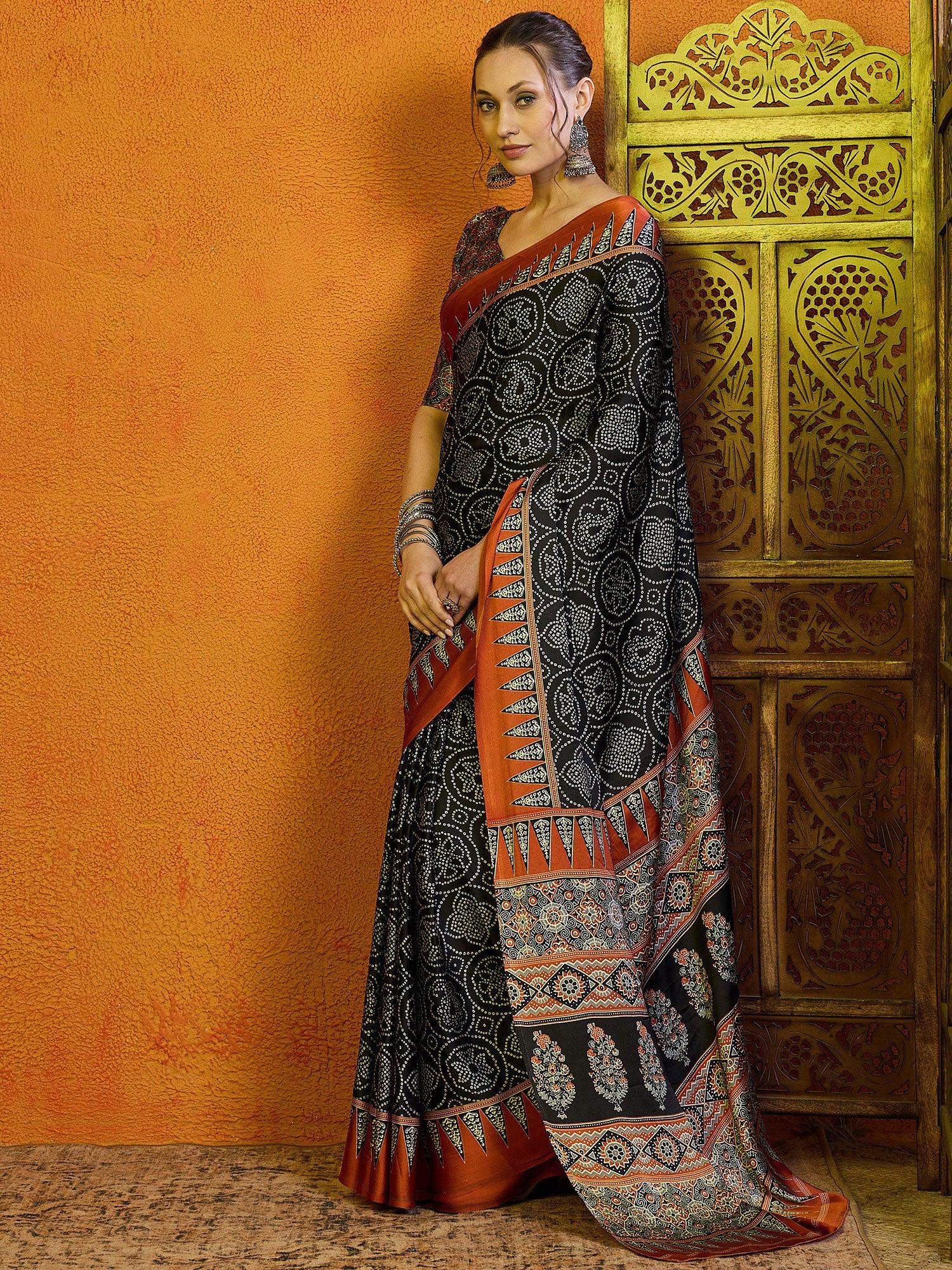 NOZ2TOZ Women's Satin Brown Printed Designer Saree With Blouse Piece - Distacart