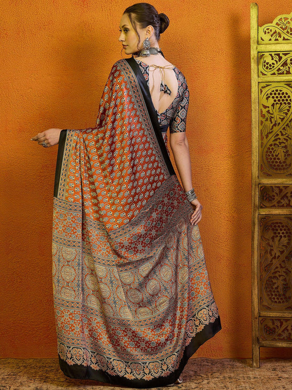 NOZ2TOZ Women's Satin Navy Blue Printed Designer Saree With Blouse Piece - Distacart