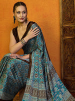 Thumbnail for NOZ2TOZ Women's Satin Blue Printed Designer Saree With Blouse Piece - Distacart