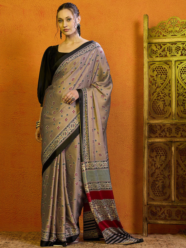 NOZ2TOZ Women's Satin Magenta Printed Designer Saree With Blouse Piece - Distacart