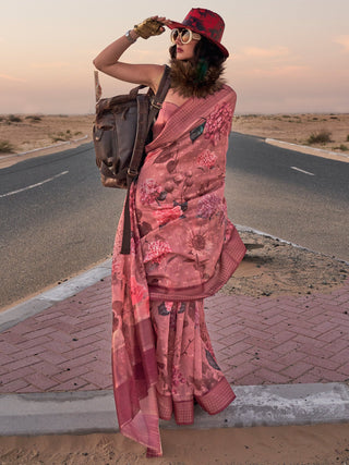 NOZ2TOZ Women's Linen Brown Printed Designer Saree With Blouse Piece - Distacart