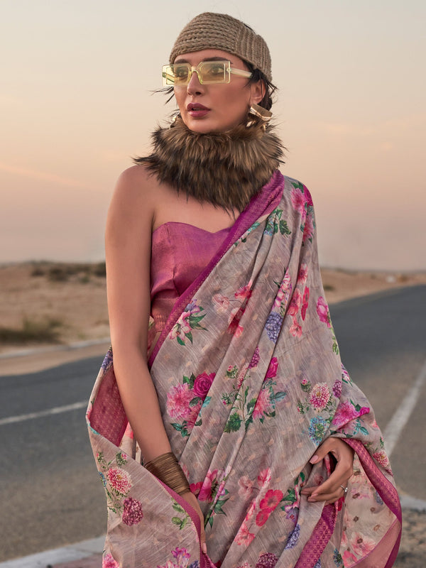 NOZ2TOZ Women's Linen Grey Printed Designer Saree With Blouse Piece - Distacart